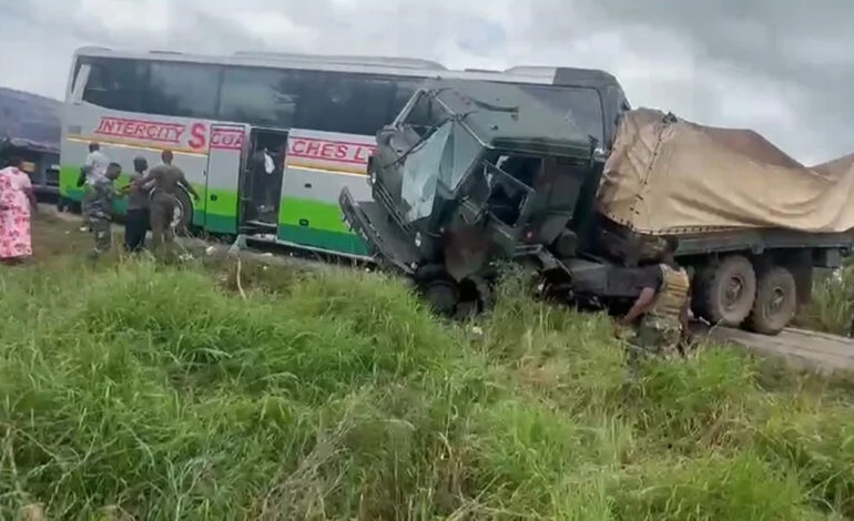 Military vehicle carrying troops to Bawku involved in crash with STC Bus in Ashanti