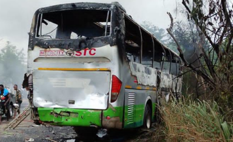 Two killed, four injured as STC bus burns in fiery Etukrom crash
