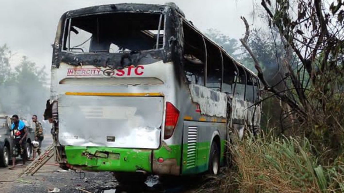 Two killed, four injured as STC bus burns in fiery Etukrom crash